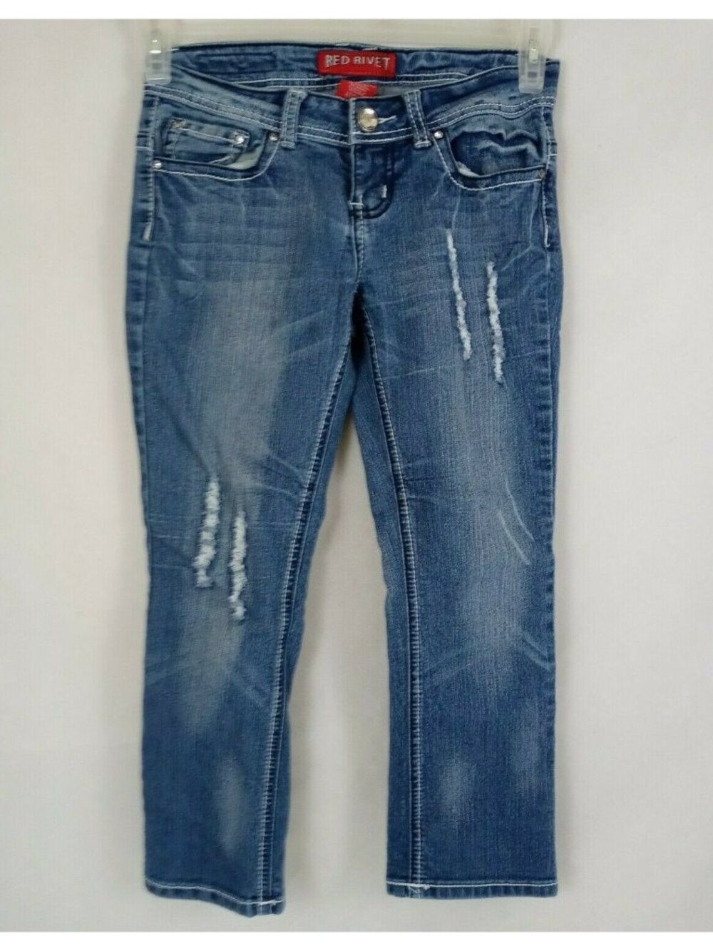 Red Rivet Ripped Distressed Embellished Fleur De Lis Pockets Capri Jeans Size 3